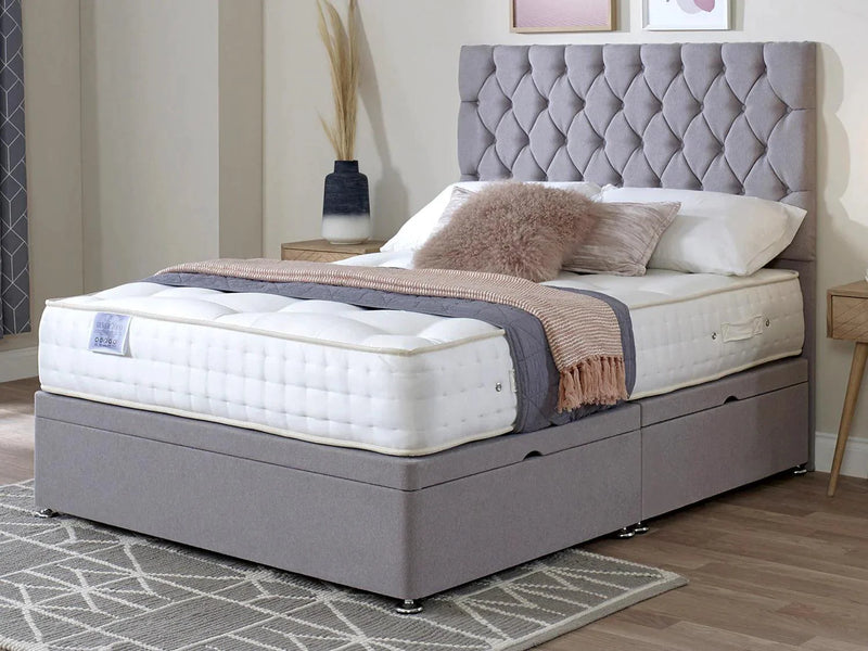 Darwin Chesterfield Ottoman Divan Bed with Floor Standing Headboard & Mattress Options - Cuddly Beds