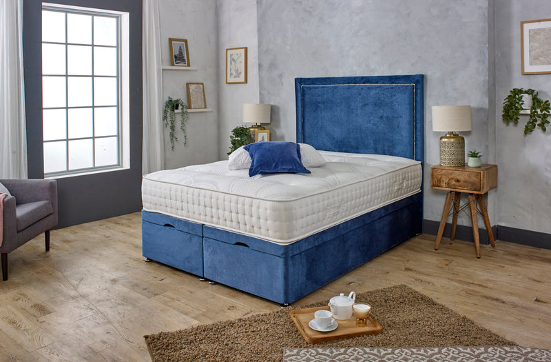 GLORIA STUDDED OTTOMAN DIVAN BED WITH HEADBOARD & MATTRESS OPTIONS