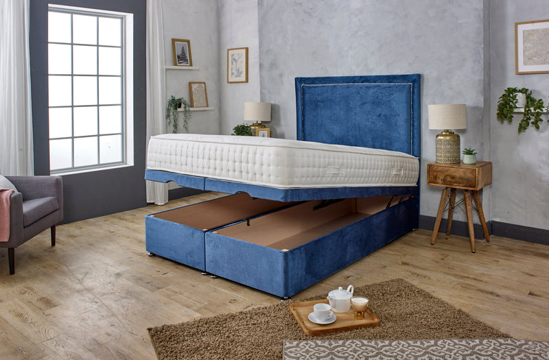 GLORIA STUDDED OTTOMAN DIVAN BED WITH HEADBOARD & MATTRESS OPTIONS