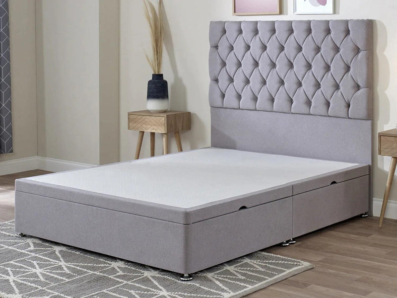 Darwin Chesterfield Ottoman Divan Bed with Floor Standing Headboard & Mattress Options - Cuddly Beds
