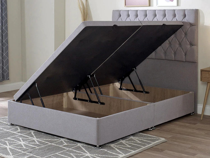 Darwin Chesterfield Ottoman Divan Bed with Floor Standing Headboard & Mattress Options - Cuddly Beds